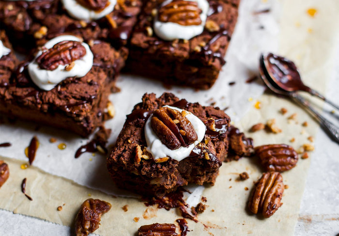 Protein-Packed Chocolate Date Brownie with Candied Maple Pecans