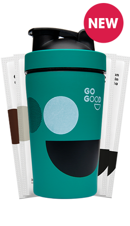 Whey protein concentrate samples and green shaker.